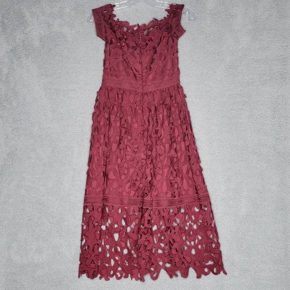 Chi Chi Womens Bardot Midi‎ Dress Fit & Flare Red Burgundy Lace Hem Lined 4 New - Picture 2 of 10